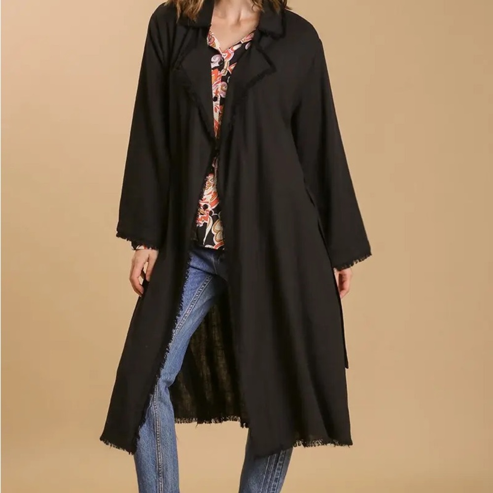 030 UMGEE Linen Blend Open Front Tie Waist Long Jacket with Destressed Details - Picture 2 of 5